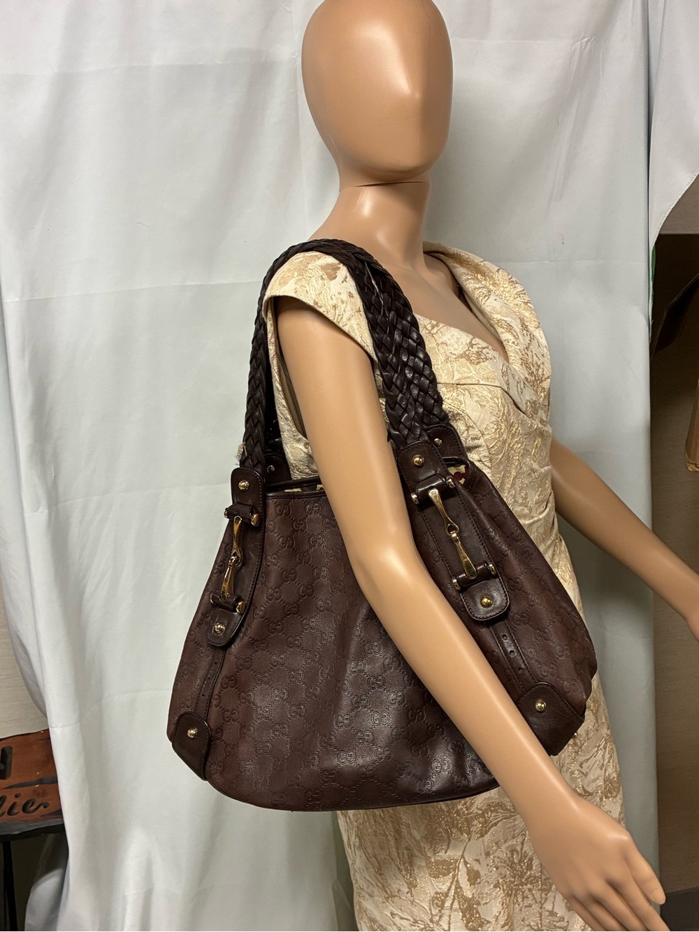 Gucci Dark Brown Braided-Handle Monogram Shoulder Bag - Picture 1 of 10
